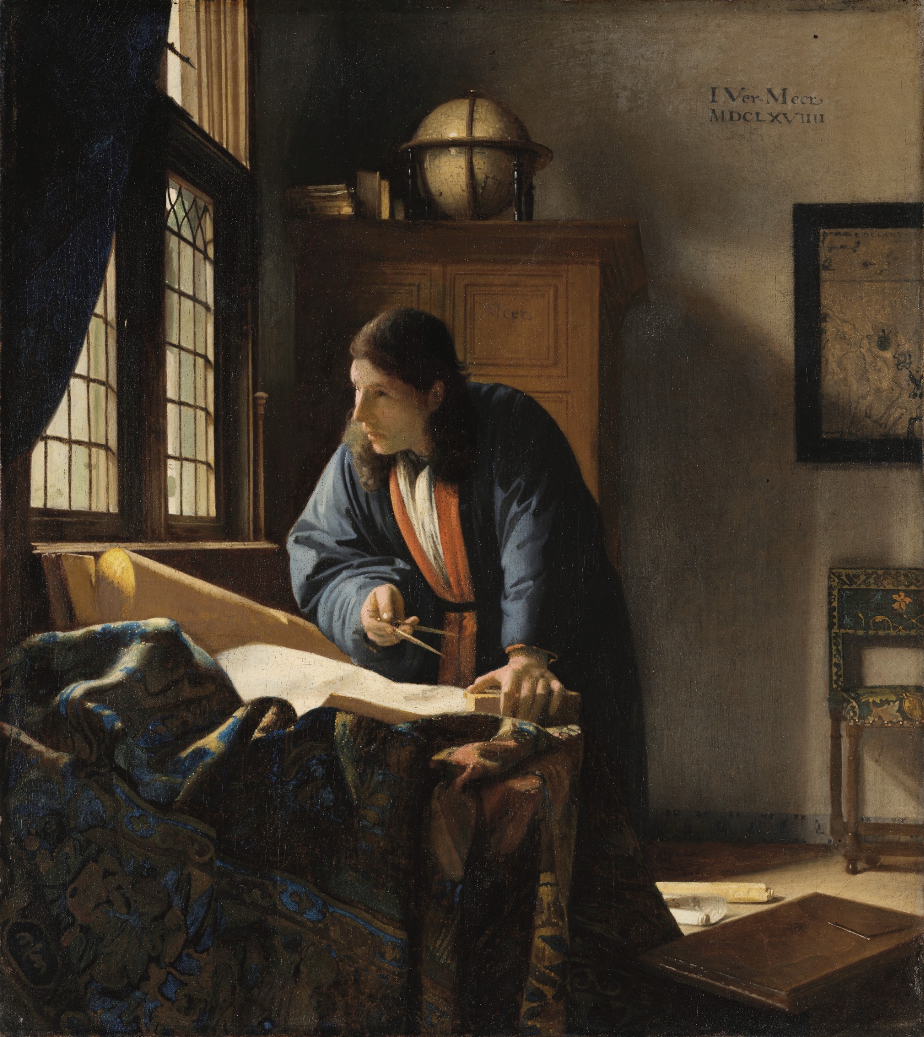 Johannes Vermeer's The Geographer, studying a map beside a sunlit window.